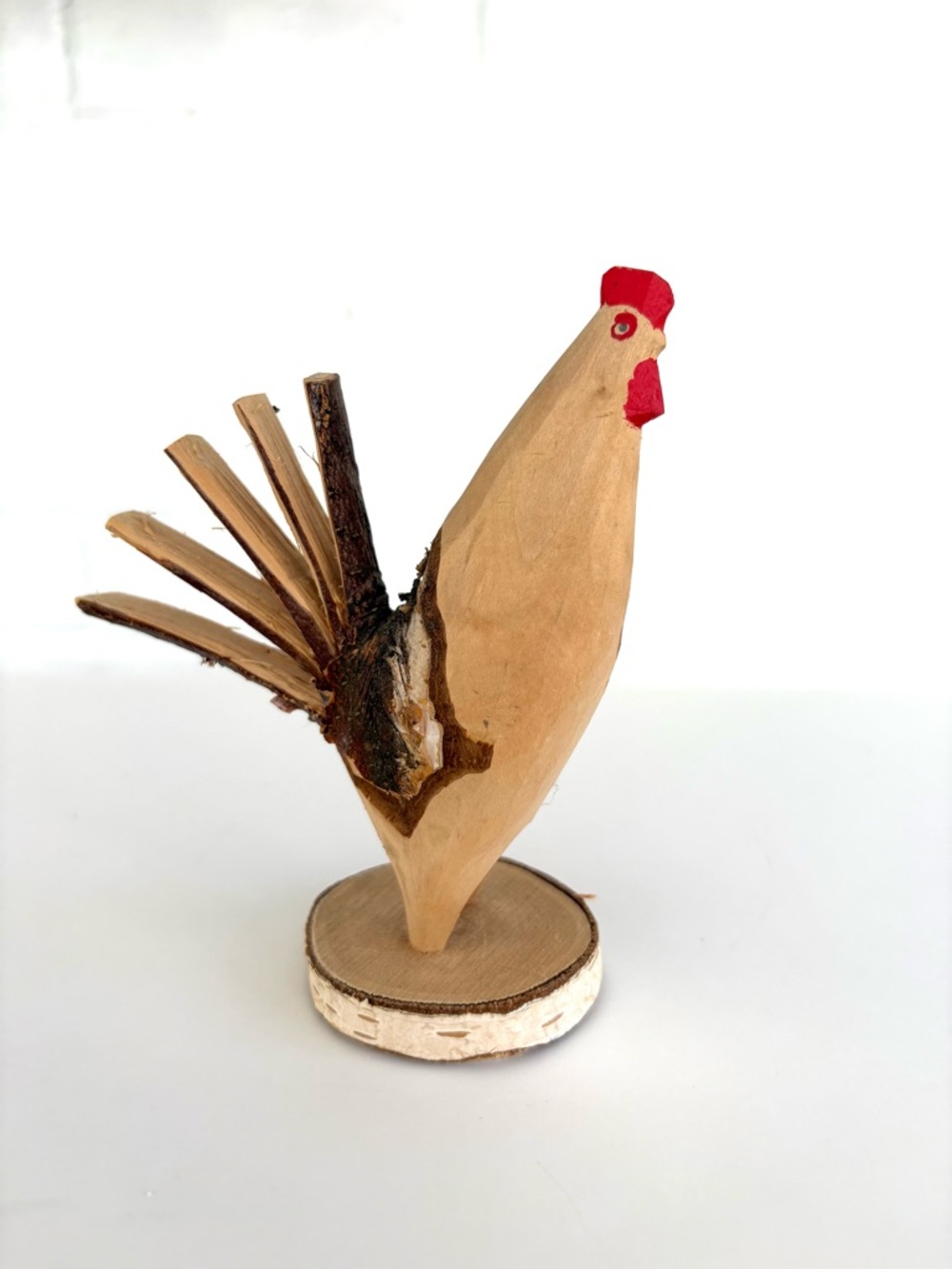 Handcrafted Wooden Rooster Figurine - Natural Wood with Red Accent